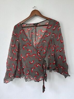 Bebe Sheer Wrap Blouse Red Black Print Bell Sleeve Sz XS
